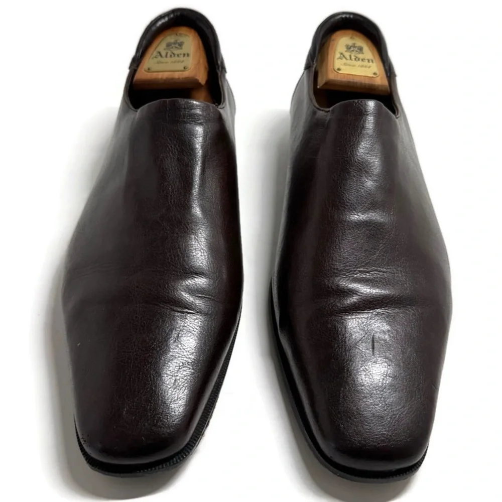 DONALD PLINER BROWN STRETCH LEATHER SLIP ON LOAFERS